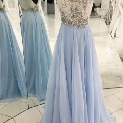 Gorgeous Blue Long Prom Dress With White Pearls,..