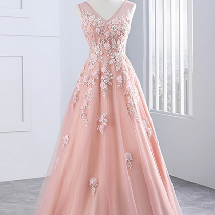 Pink Tulle Prom Dresses,v Neck Evening Dress With..