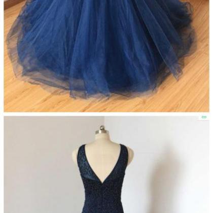 Beaded Mermaid V-back Navy Blue Tulle Long Prom Dress on Luulla