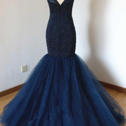 Beaded Mermaid V-back Navy Blue Tulle Long Prom Dress on Luulla