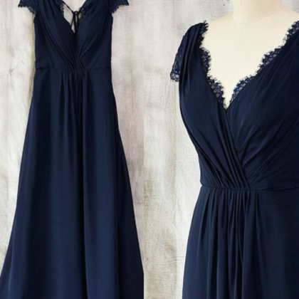 Stylish Dress Vintage Navy Blue Lace Bridesmaid..