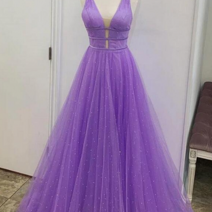 Stylish Dress Sparkly Beaded V Neck Purple Long..