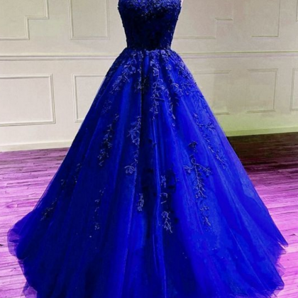 Royal Blue Prom Dress Tulle Ball Gown Lace..