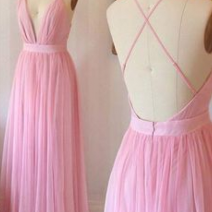 Pink Chiffon V-neck Cross Back Long Prom Dress..