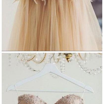 Champagne Sweetheart Lace Tulle Long Prom Dress,..