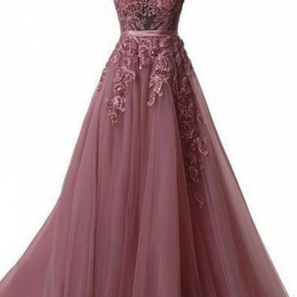 Unique Tulle Lace Applique Long Prom Dress, Tulle..