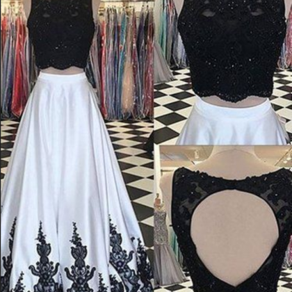 Black And White Lace Long Prom Dress, Two Pieces..