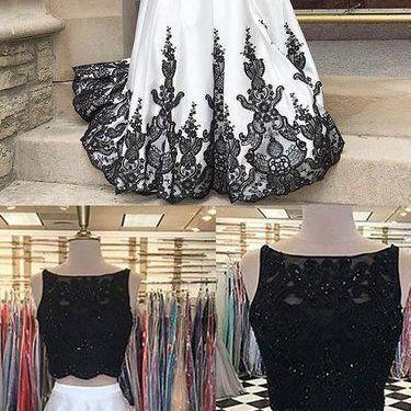 Black And White Lace Long Prom Dress, Two Pieces..