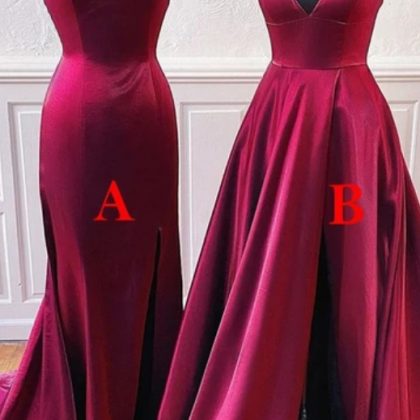 A-line Burgundy Satin Long Simple Prom Dress