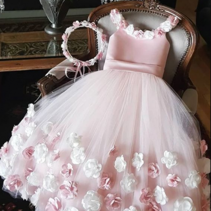 Pink Flower Girl Dress With 3d Flowers