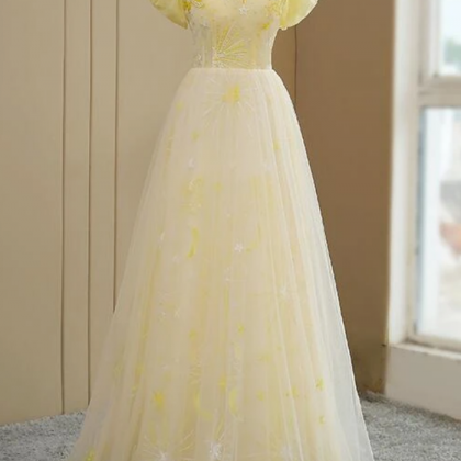 Yellow Tulle Off Shoulder Evening Dress, Fashion..