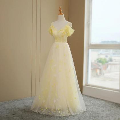 Yellow Tulle Off Shoulder Evening Dress, Fashion..