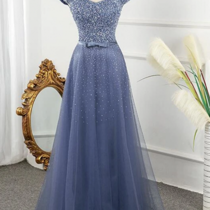 Tulle Sequins Cap Sleeves Long Party Dress, Floor..
