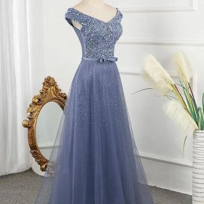 Tulle Sequins Cap Sleeves Long Party Dress, Floor..