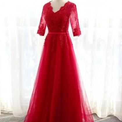 Charming Red Lace 1/2 Sleeves Long Bridesmaid..