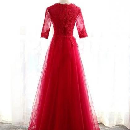 Charming Red Lace 1/2 Sleeves Long Bridesmaid..