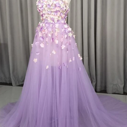 Tulle With Flowers Party Gown, Tulle Prom Dress