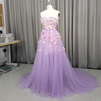 Tulle With Flowers Party Gown, Tulle Prom Dress