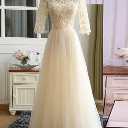 Cute A-line Lace Sleeves Prom Dress, Tulle Formal..