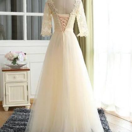 Cute A-line Lace Sleeves Prom Dress, Tulle Formal..