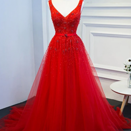 Beautiful Tulle Long Party Dress, V-neckline Prom..