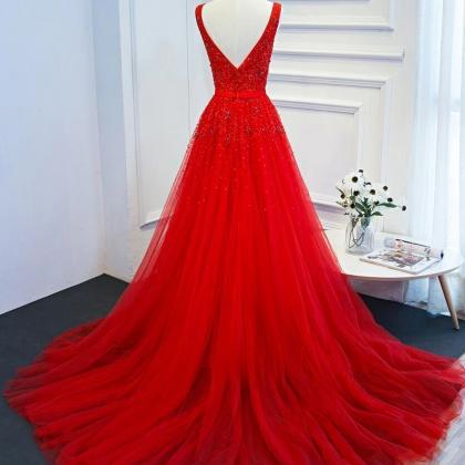 Beautiful Tulle Long Party Dress, V-neckline Prom..