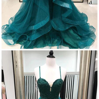 A-line Spaghetti Straps, Tiered Long Prom Dress..