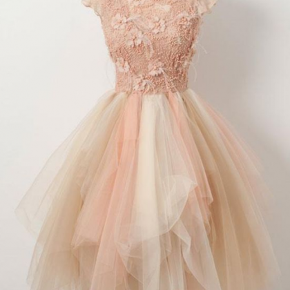 Champagne Tulle Beaded ,short Homecoming Dress,..