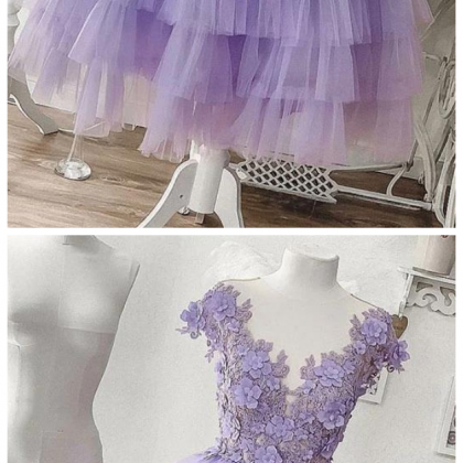 A-line Applique Lilac Tulle Short Homecoming Dress..