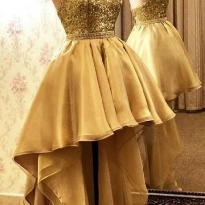 High-low Halter Prom Dresses Gold Backless Evening..