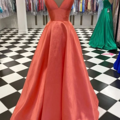 Simple A-line Coral Satin Long Prom Dress