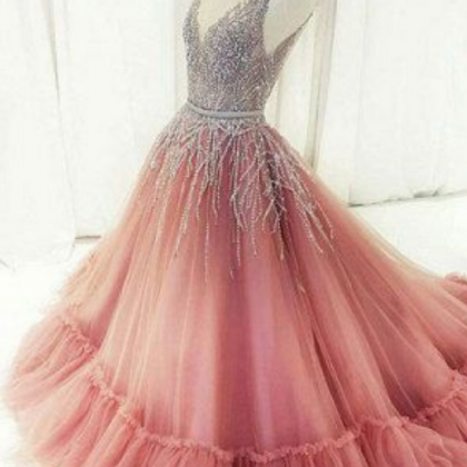 Unique V Neck Tulle Beaded Long Prom Dress,..