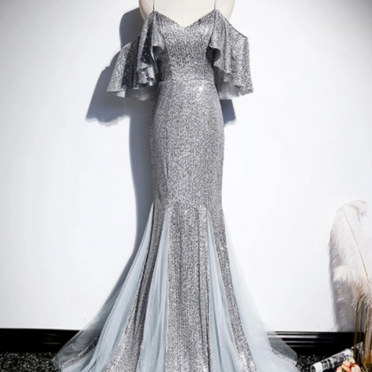 V Neck Sequin Mermaid Long Prom Dress Formal Dress