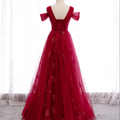 Burgundy V Neck Tulle Lace Long Prom Dress..