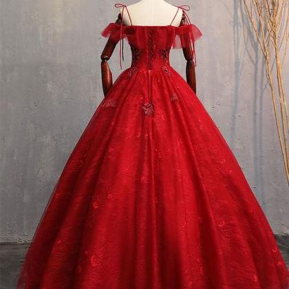Burgundy Sweetheart Tulle Lace Long Prom Gown,..