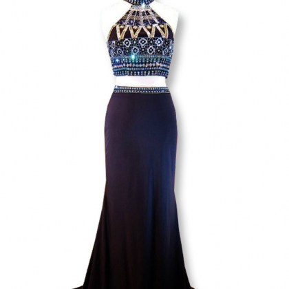 Mermaid High Neck Beaded Crystals Two Piece Prom..