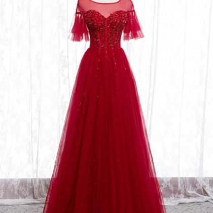 A-line Burgundy Tulle Beading Sequins Long Prom..