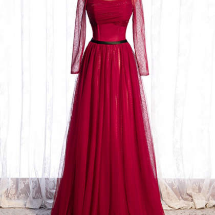 Burgundy Tulle Square Long Sleeve Prom Dress