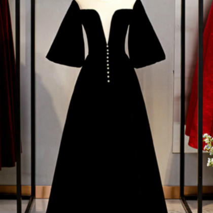 Black Velvet Horn Sleeve Illusion Prom Dress,