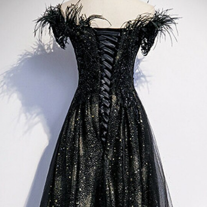 A-line Black Sequins Off The Shoulder Feather Prom..