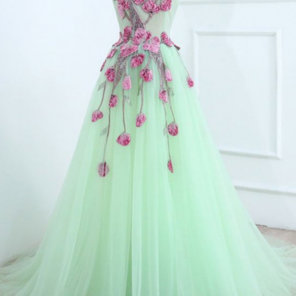 Tulle Long Embroidery Evening Dress, Open Back..
