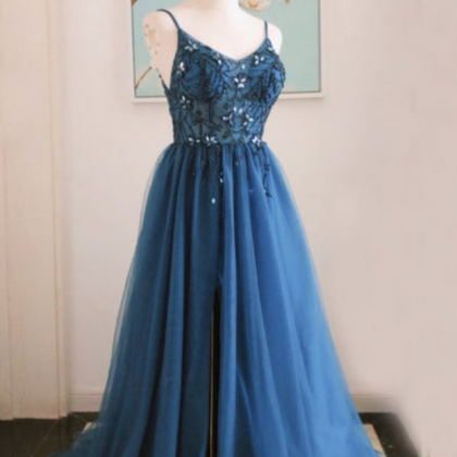 Tulle Prom Dress With Slit, Tulle Long Prom..