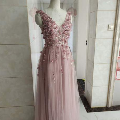 Long V-neckline Party Dress, A-line Tulle Prom..