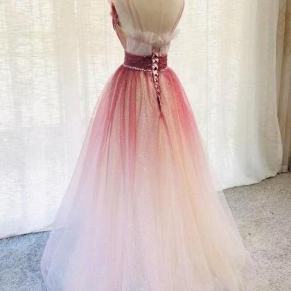 V Neck Tulle Sequin Long Prom Dress Evening Dress