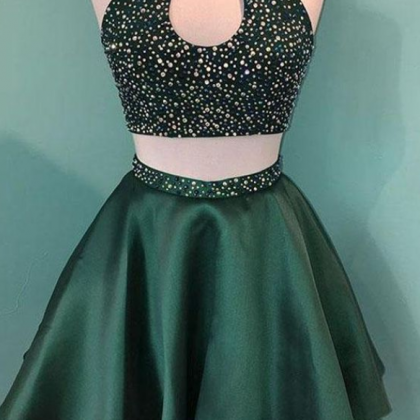 Halter Beaded Green Satin Two Piece Homecoming..