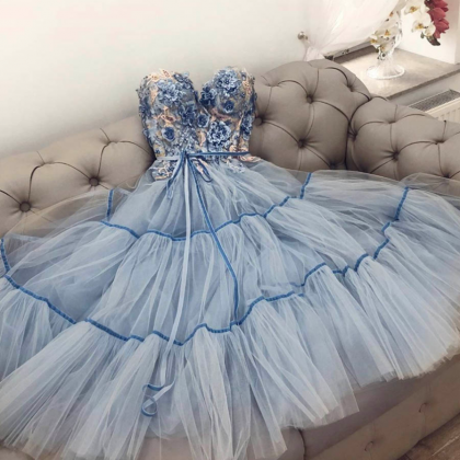 Blue Tulle Lace Appliqué Prom Dress A Line..