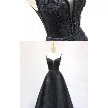 Black Ball Gown Beaded Prom Dress,P..