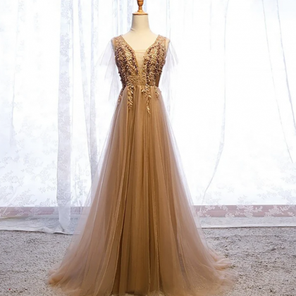 Prom Dress Brown Color Decorate With Embroidered..