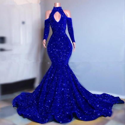 Plus Size Royal Blue Sequins Mermaid Prom Dresses..