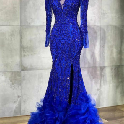 Royal Blue Long Sleeves Mermaid Prom Dress Sexy..